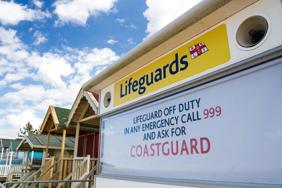 Wells Next The Sea, Norfolk, UK - July 3, 2017.  An HM Coastguard station on a sandy beach that is closed and unattended leaving swimmers and holidaymakers unprotected and unsafe.