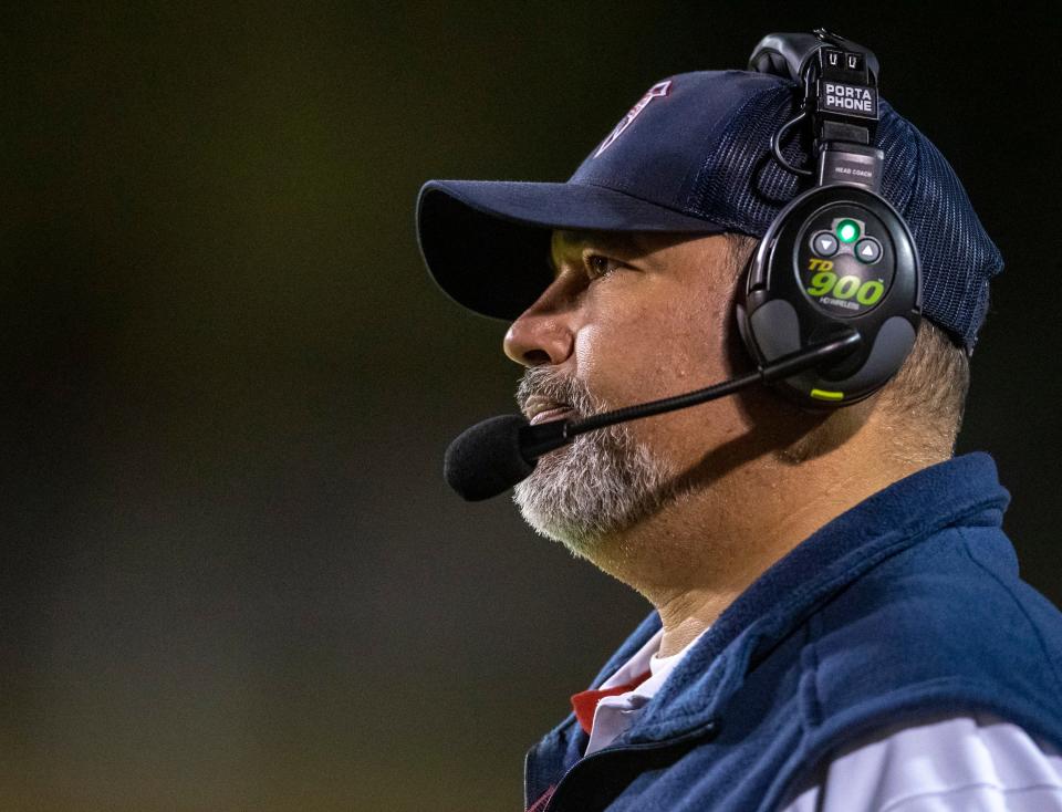 La Quinta head coach Juan Ruiz watches his team during the second quarter of their CIF-SS quarterfinal game in La Quinta, Calif., Friday, Nov. 11, 2022. 