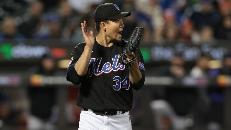 May 5, 2023; New York City, New York, USA; New York Mets starting pitcher Kodai Senga (34) reacts after the final out of the sixth inning against the Colorado Rockies at Citi Field.