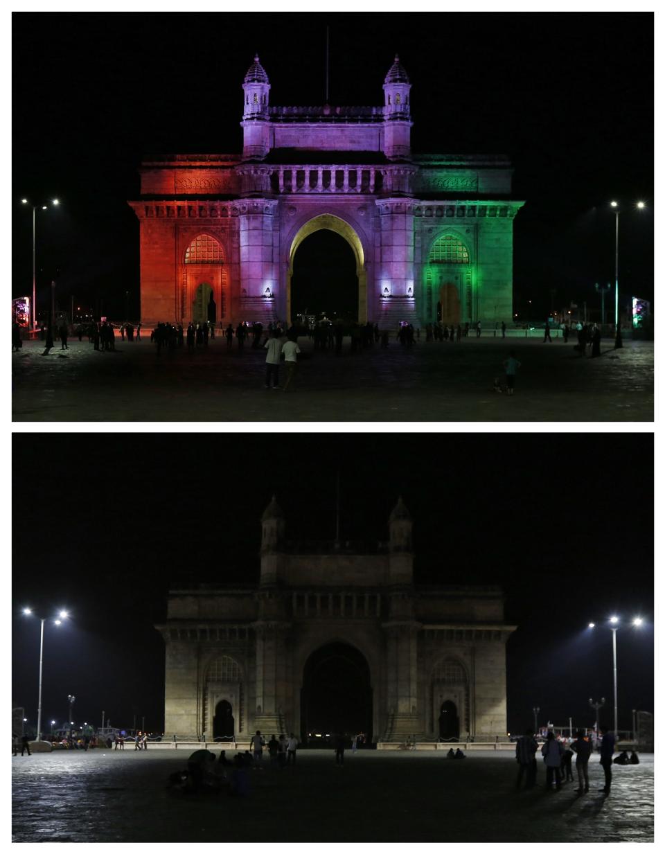 Combination picture of the Gateway of India monument after and during Earth Hour in Mumbai