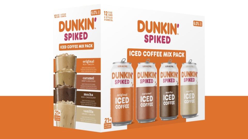 A white and orange photo of the Dunkin Spiked 12-can mix pack of coffee beer