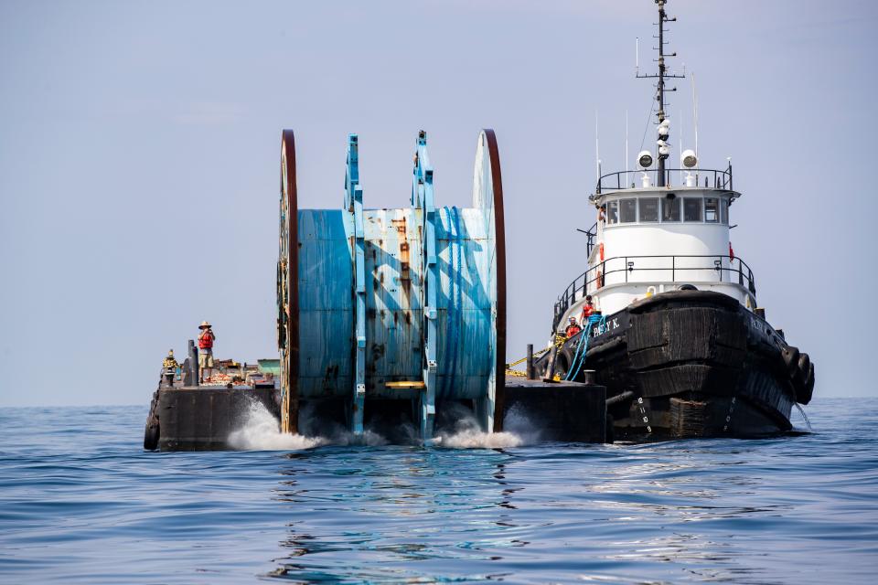 Two massive cable reels, donated by Oceaneering, were dropped into the Gulf of Mexico about 12 miles off St. Andrews Pass on July 28. The reels are part of five used to create an artificial reef.