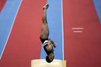 Gabby Douglas competes on the vault at the American Classic Saturday, April 27, 2024, in Katy, Texas. (AP Photo/David J. Phillip)