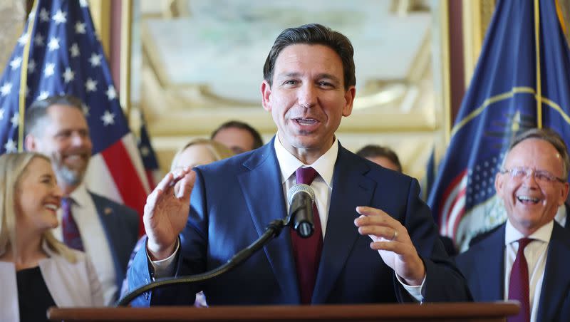 Florida Gov. and presidential candidate Ron DeSantis speaks during a press conference at the Capitol in Salt Lake City on Friday, July 21, 2023.