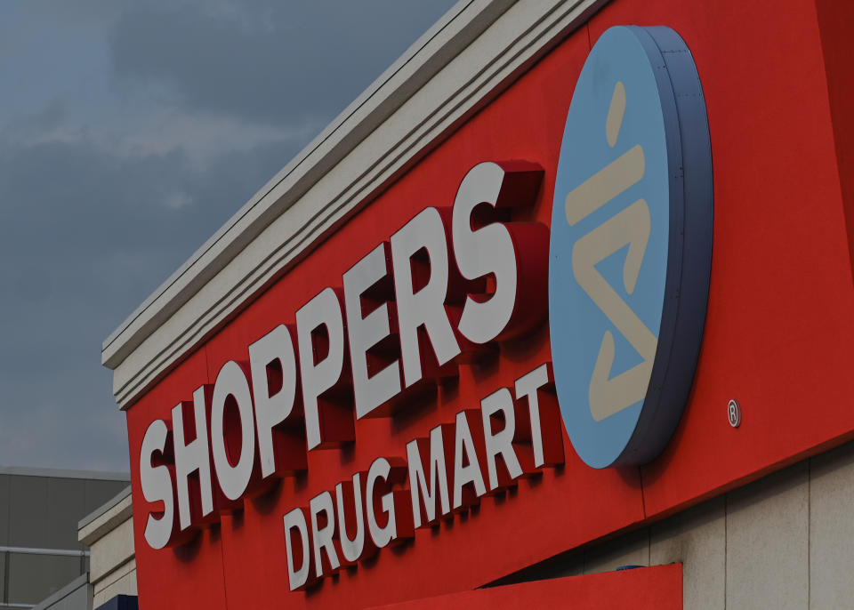 EDMONTON, CANADA - SEPTEMBER 10, 2023: Shoppers Drug Mart logo seen in downtown Edmonton, on September 10, 2023, in Edmonton, Alberta, Canada. (Photo by Artur Widak/NurPhoto via Getty Images)