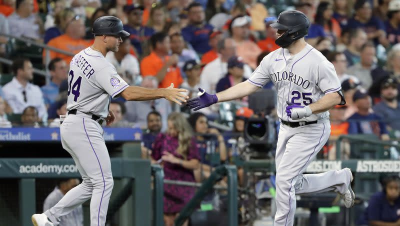 Colorado Rockies C.J. Cron rounds the bases after a home run against Houston, July 5, 2023. After missing 40 games this season due to injury, a now-healthy Cron is looking forward to the second half the season — in Colorado or possibly elsewhere.