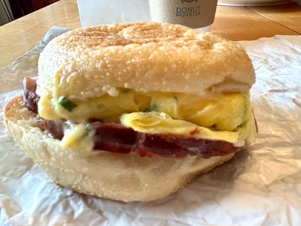 The Benedictish sandwich at Donut Monster (locations in Cedarburg, Milwaukee and Whitefish Bay) is a handheld version of an eggs Benedict, elevated by the doughnut shop's fresh-baked English muffins.