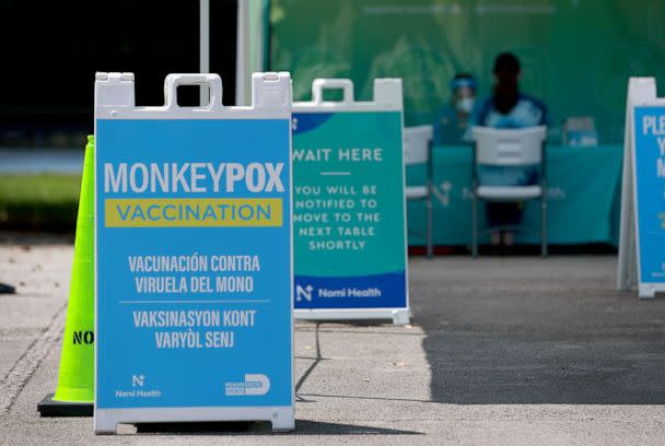 PHOTO: A sign marks a monkeypox vaccination site in Tropical Park by Miami-Dade County and Nomi Health, Aug. 15, 2022, in Miami.  (Joe Raedle/Getty Images)