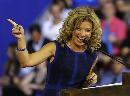 Democratic National Committee (DNC) Chairwoman Debbie Wasserman Schultz speaks at a rally, before the arrival of Democratic U.S. presidential candidate Hillary Clinton and her vice presidential running mate U.S. Senator Tim Kaine, in Miami, Florida, U.S. July 23, 2016. REUTERS/Scott Audette