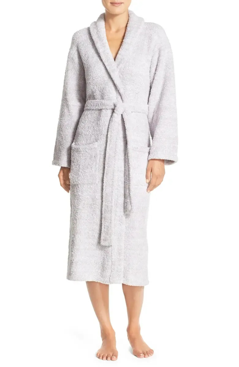 Barefoot Dreams CozyChic Unisex Robe in Light Gray/White. Image via Nordstrom.