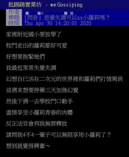 李男以「思覺失調可以xx小蘿莉嗎？」為題發文，網友怒嗆「先去看醫生好嗎」。（圖／翻攝PTT）