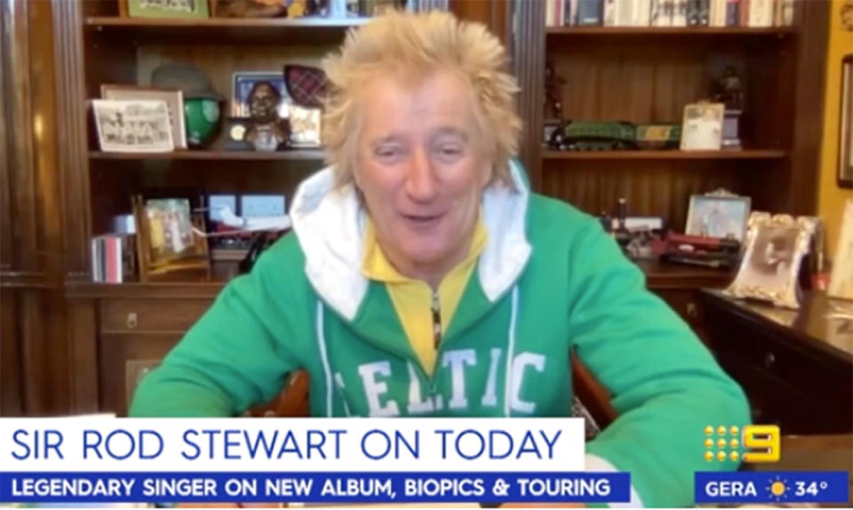 Today show host Richard Wilkins interviews Rod Stewart via video call. Photo: Channel Nine.