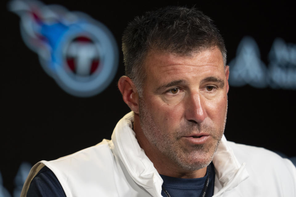 Tennessee Titans head coach Mike Vrabel responds to questions from reporters at the NFL football team's training facility Tuesday, July 25, 2023, in Nashville, Tenn. (AP Photo/George Walker IV)