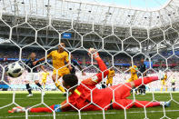 <p>Australia go close at the Kazan Arena but Hugo Lloris keeps them out early on (getty) </p>