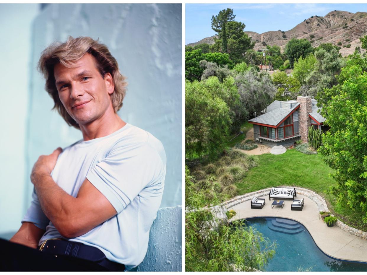 A photo of Patrick Swayze in a white shirt stitched next to an aerial photo of his estate, which features dozens of large trees and a blue pool