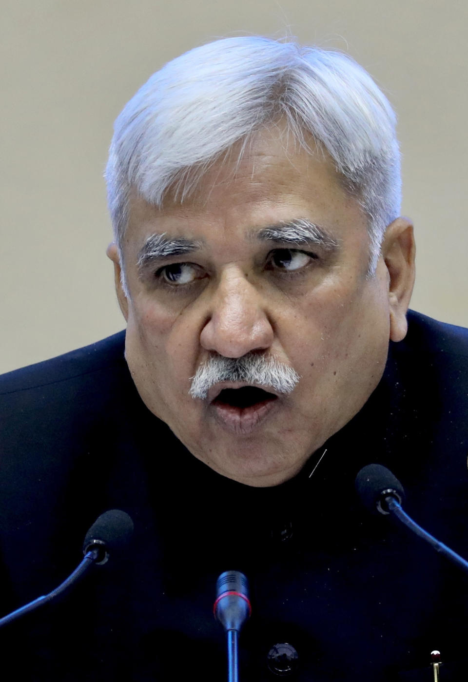 India's Chief Election Commissioner Sunil Arora speaks during a press conference in New Delhi, India, Sunday, March 10, 2019. India's Election Commission has announced that the upcoming national election will be held in seven phases in April and May as Prime Minister Narendra Modi's Hindu nationalist party seeks a second term. (AP Photo/ Manish Swarup)