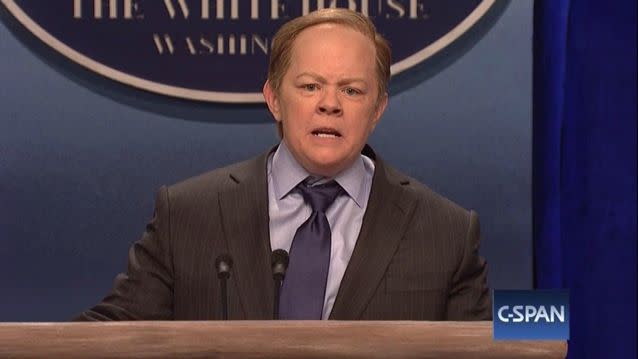 Spicer gave a lot of fodder for the funnies, inspiring Melissa McCarthy to ape him as 'Spicy' on Saturday Night LIve. Source: NBC