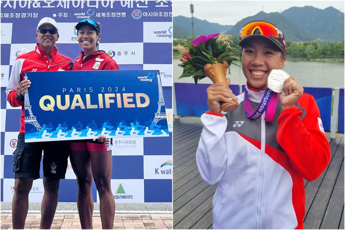 Rower Saiyidah Aisyah (left pic with coach) and kayaker Stephenie Chen earned Olympic berths for Singapore at the 2024 Paris Games. (PHOTOS: Instagram/Sport Singapore)