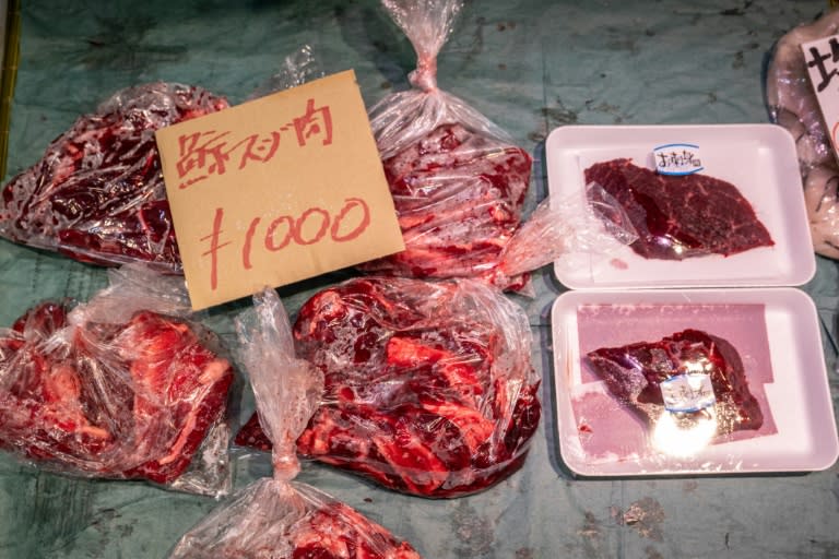 Whale meat for sale at a market in Shimonoseki, Japan -- the country has sharply reduced its imports from Iceland (Yuichi YAMAZAKI)