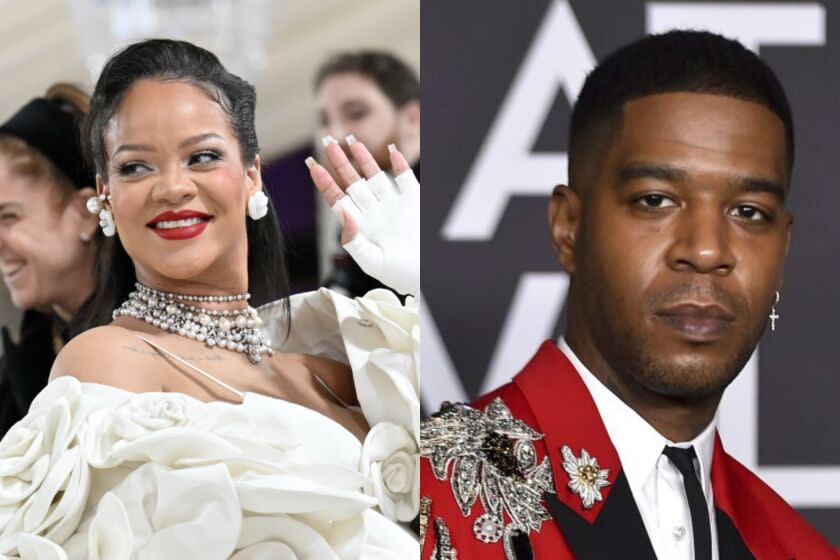 Split image: Left, Rihanna wears a white dress and glove; right, Kid Cudi wears a red blazer