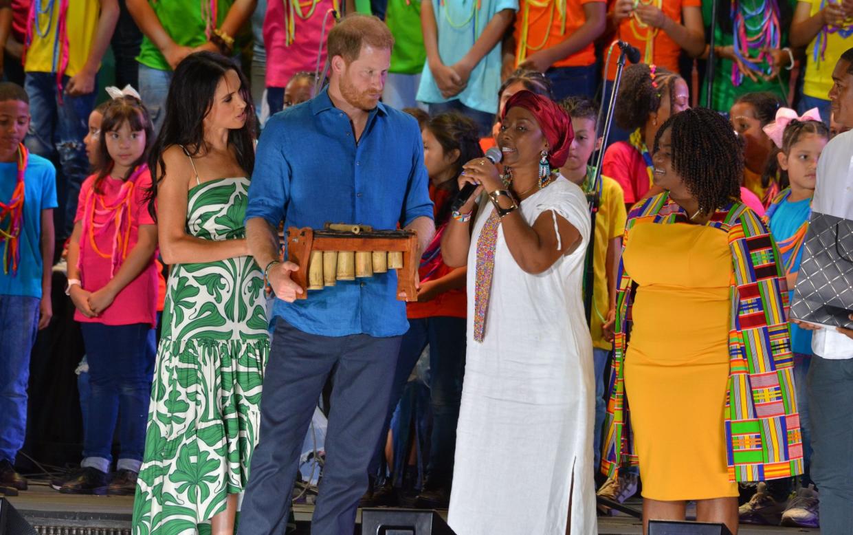 The Duchess of Sussex chose a green patterned maxi dress by Andrés Otalora for the tour's final look