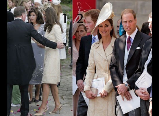 <strong>LOOK 1</strong>: Worn with a feathered fascinator to the nuptials of Laura Parker Bowles and Harry Lopes.  <br>  <br><strong>LOOK 2</strong>: Paired with an elaborate hat at Zara Phillips' wedding. (Getty photos)