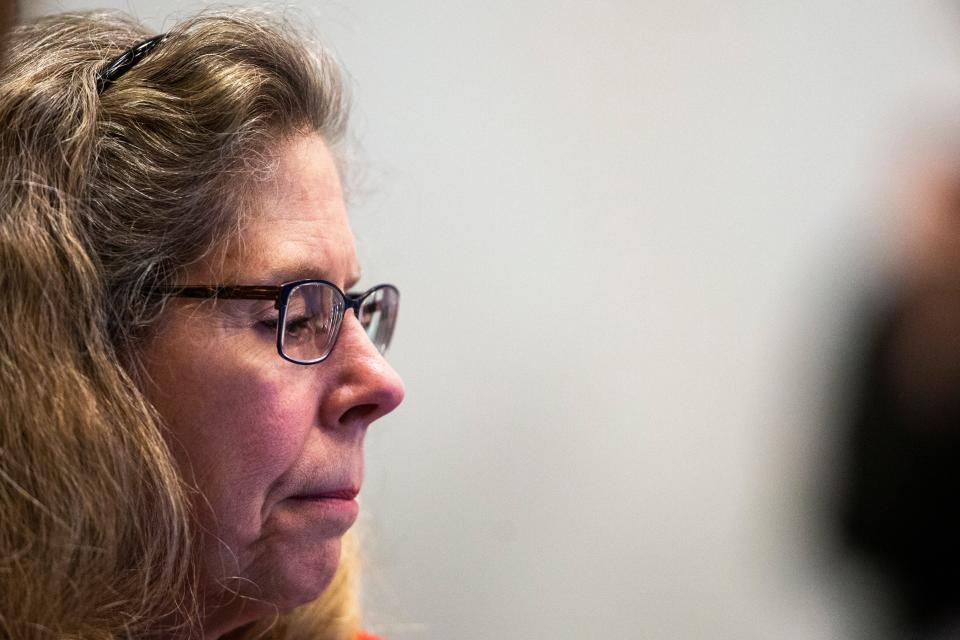 Iowa State University President Wendy Wintersteen listens during an Iowa Board of Regents meeting, Thursday, April 18, 2019, in the Levitt Center on the University of Iowa campus in Iowa City, Iowa.