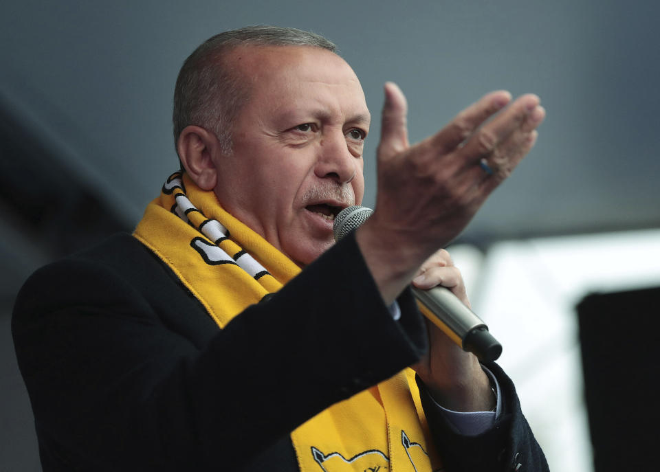 Turkey's President Recep Tayyip Erdogan addresses the supporters of his ruling Justice and Development Party during a rally in Mus, Turkey, Monday, March 25, 2019. Istanbul's Hagia Sophia, a Byzantine-era cathedral that was turned into a mosque and now serves as a museum, could be reconverted into a mosque, Erdogan has said during a television interview late on Sunday ahead of Turkey's March 31 local elections. (Presidential Press Service via AP, Pool)