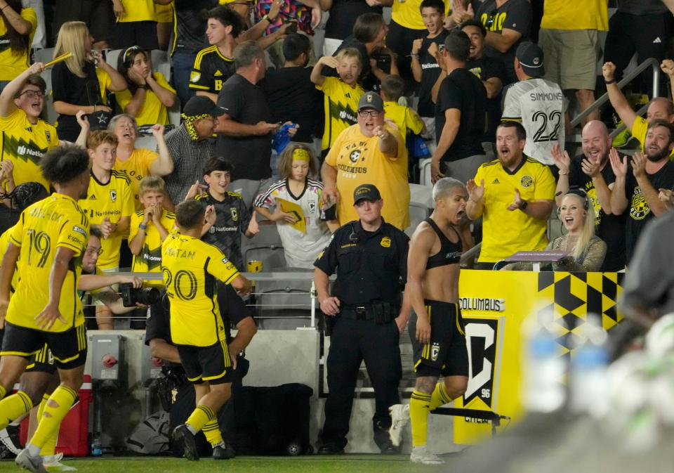 Aug 25, 2024; Columbus, Ohio, USA; 
Columbus Crew forward Cucho Hernández (9) celebrates after scoring a second goal against Los Angeles FC in the Leagues Cup Final at Lower.com Field. 
Mandatory Credit: Barbara Perenic-USA TODAY Sports