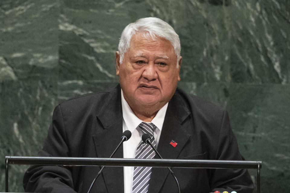 FILE - In this Sept. 29, 2019, file photo, then Samoa's Prime Minister Tuilaepa Sailele Malielegaoi addresses the 74th session of the United Nations General Assembly at the U.N. headquarters in New York. Samoa was plunged into a constitutional crisis Monday, May 24, 2021 when the woman who won an election last month was locked out of Parliament and the previous leader claimed he remained in charge. Prime Minister-elect Fiame Naomi Mata’afa and her supporters showed up at parliament to form a new government, but were not allowed inside. Malielegaoi doesn't appear ready to give up power. He was already one of the longest-serving leaders in the world. (AP Photo/Kevin Hagen, File)