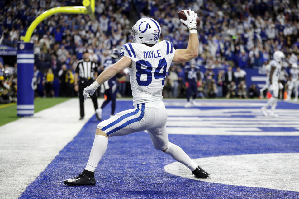 Indianapolis Colts tight end Jack Doyle (84) celebrates a touchdown catch against the Tennessee Titans during the first half of an NFL football game in Indianapolis, Sunday, Dec. 1, 2019. (AP Photo/Michael Conroy)