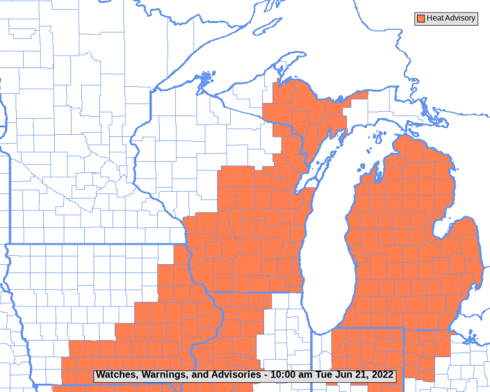 The areas shaded in orange, including the Milwaukee metro area,  are under heat advisories for high temperatures and sticky, humid air on Tuesday.