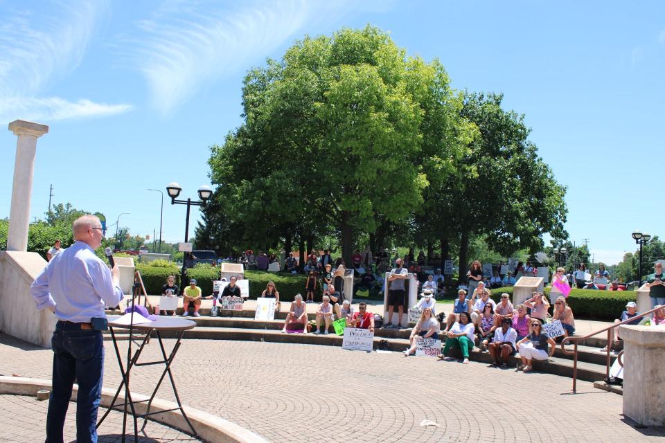 State Rep. Jim Haadsma (D-Battle Creek) speaks during a reproductive rights rally Saturday, July 9, 2022, at the Sojourner Truth Monument in Battle Creek, Michigan.