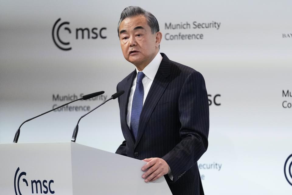 FILE - China's Director of the Office of the Central Foreign Affairs Commission Wang Yi speaks at the Munich Security Conference at the Bayerischer Hof Hotel in Munich, on Feb. 18, 2023. White House national security adviser Jake Sullivan and senior Chinese foreign policy adviser Wang Yi held talks in Vienna this week, the latest in a series of small signs that tensions could be easing between the world's two biggest economies. (AP Photo/Petr David Josek, File)