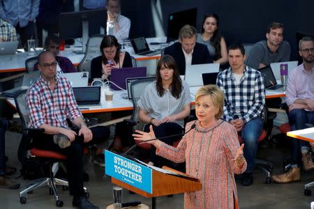 U.S. Democratic presidential candidate Hillary Clinton speaks at Galvanize, a learning community for technology, in Denver, U.S. June 28, 2016. REUTERS/Rick Wilking