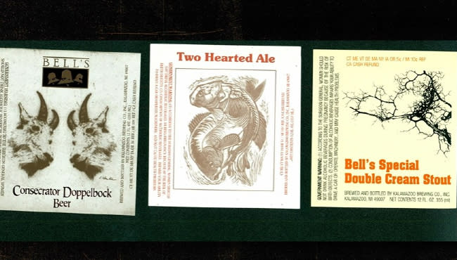 A snapshot of some older labels for Bell's Brewery products that were designed by Ladislav Hanka, including Consecrator Doppelbock Beer, Bell's Special Double Cream Stout and an early version of Two Hearted Ale.