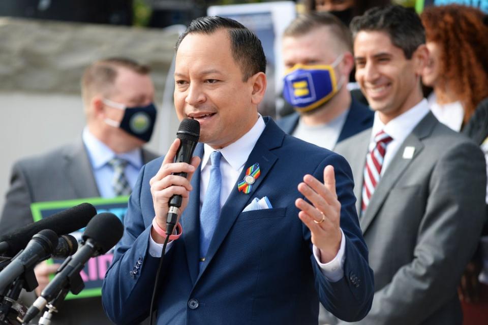 Florida Democratic state Rep Carlos Smith speaks out against so-called ‘Don’t Say Gay’ legislation at a rally in February. (AP)