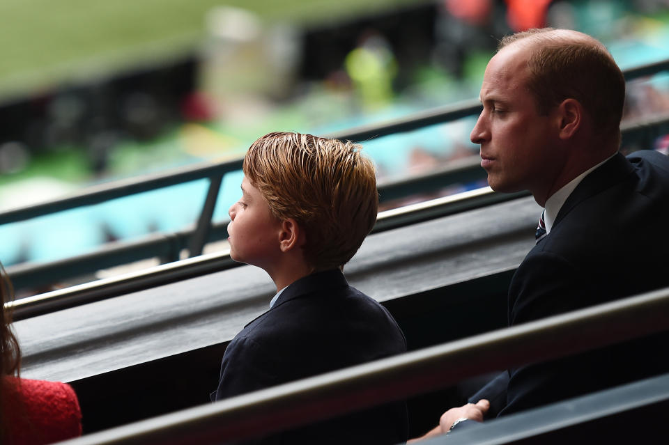 LONDON, ENGLAND - JUNE 29: Prince William, President of the Football Association with Prince George during the UEFA Euro 2020 Championship Round of 16 match between England and Germany at Wembley Stadium on June 29, 2021 in London, England. (Photo by Eamonn McCormack - UEFA/UEFA via Getty Images)