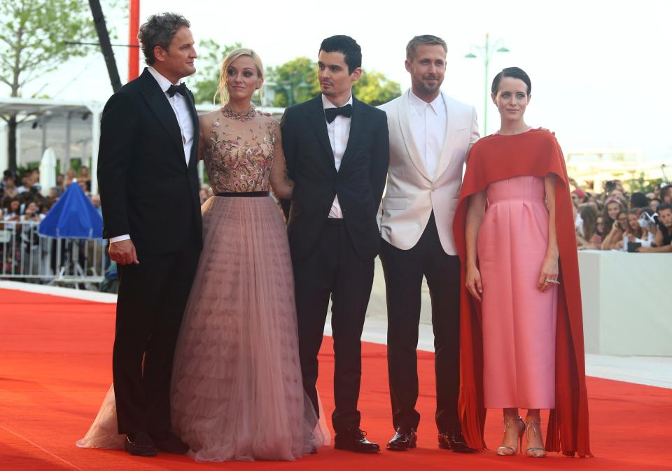 Chazelle with the cast of First Man (Joel C Ryan/Invision/AP)