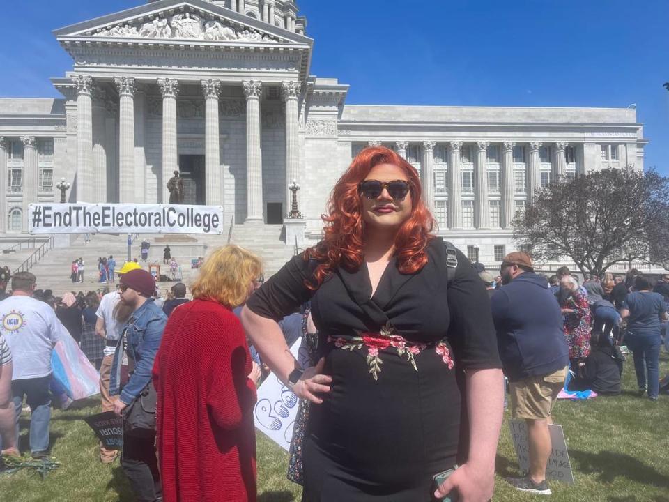 Bella Rose, who originally hails from Kansas City, has worked as a drag queen in St. Louis for more than 10 years. She traveled to Jefferson City to oppose Republican-led legislation targeting drag shows and the transgender community. “With the trans community, I have multiple friends and people who have trans kids that need the help,” she said.