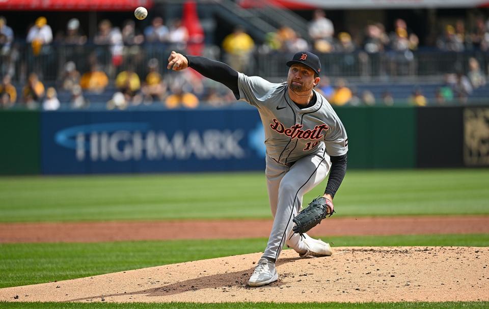 Casey Mize of the Detroit Tigers delivers a pitch in the second inning during the game against the Pittsburgh Pirates at PNC Park on April 9, 2024 in Pittsburgh.