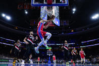 Philadelphia 76ers' Furkan Korkmaz goes up for a shot during the first half of an NBA basketball game against the Portland Trail Blazers, Monday, Nov. 1, 2021, in Philadelphia. (AP Photo/Matt Slocum)