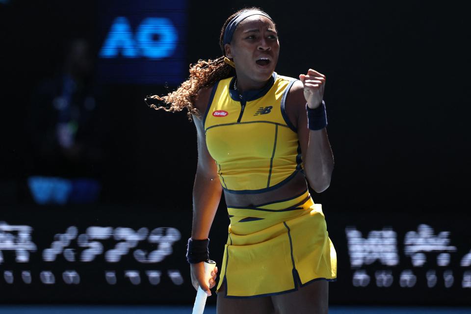 USA's Coco Gauff reacts after a point against USA's Caroline Dolehide during their women's singles match on day four of the Australian Open tennis tournament in Melbourne on January 17, 2024. (Photo by Martin KEEP / AFP) / -- IMAGE RESTRICTED TO EDITORIAL USE - STRICTLY NO COMMERCIAL USE -- (Photo by MARTIN KEEP/AFP via Getty Images)