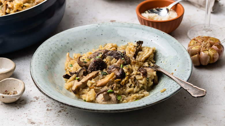 Mushroom garlic risotto in bowl