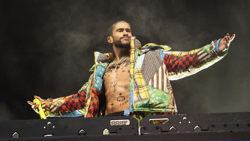 Bad Bunny performs at the Coachella Music & Arts Festival at the Empire Polo Club on Friday, April 14, 2023, in Indio, Calif.