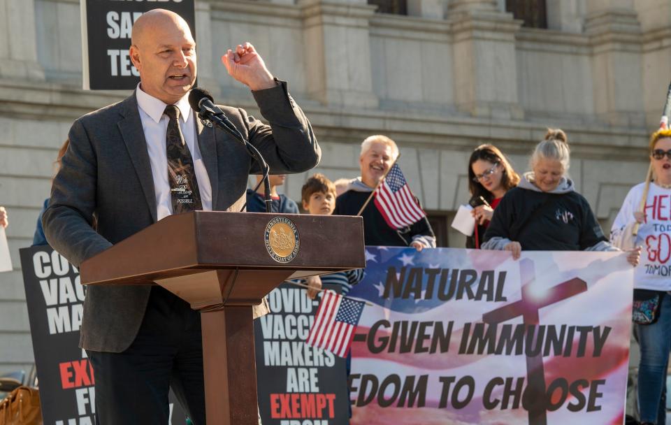 State Sen. Doug Mastriano, of Chambersburg, R-33rd Dist., speaks during the Medical Freedom Rally at the Pennsylvania Capitol on November 9, 2021.