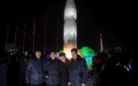 A model of a Hwasong-15 ICDM at the Pyongyang Ice Sculpture Festival on New Year's Eve - Credit: AFP