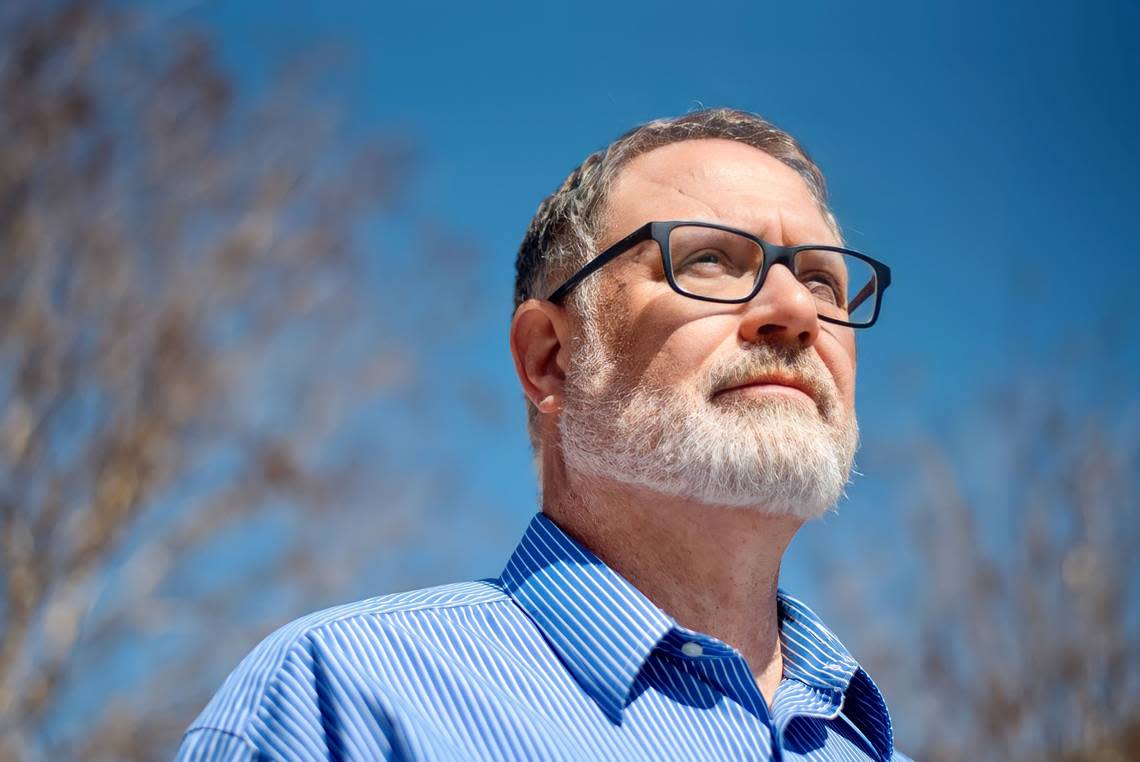 Jeff Younger stands outside the Denton County Republican Party Headquarters in Denton, Texas on Thursday, March 10, 2022.