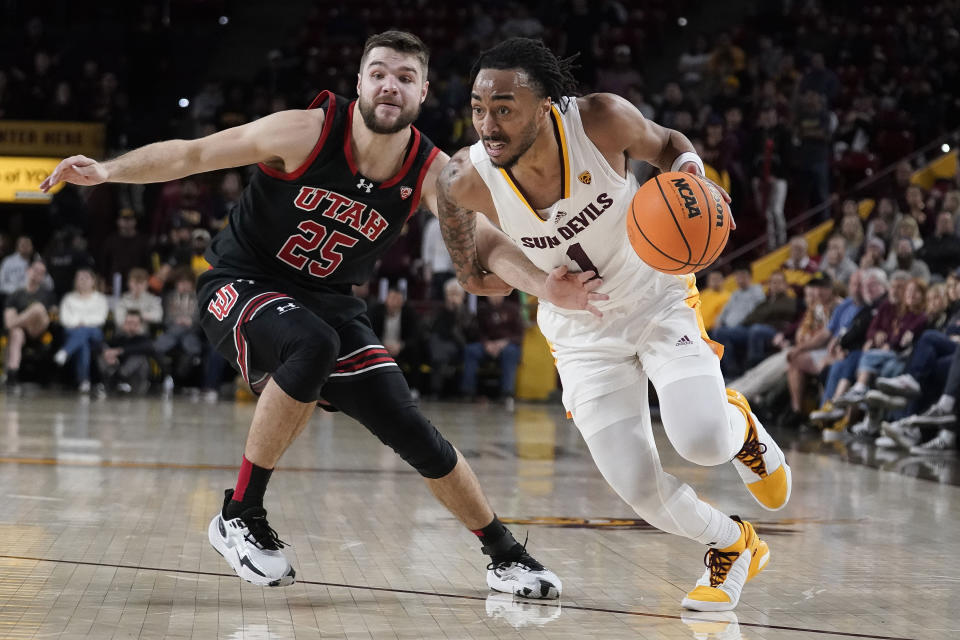 Arizona State's Frankie Collins (1) drives past Utah's Rollie Worster (25) during the second half of an NCAA college basketball game Thursday, Jan. 4, 2024, in Tempe, Ariz. (AP Photo/Darryl Webb)