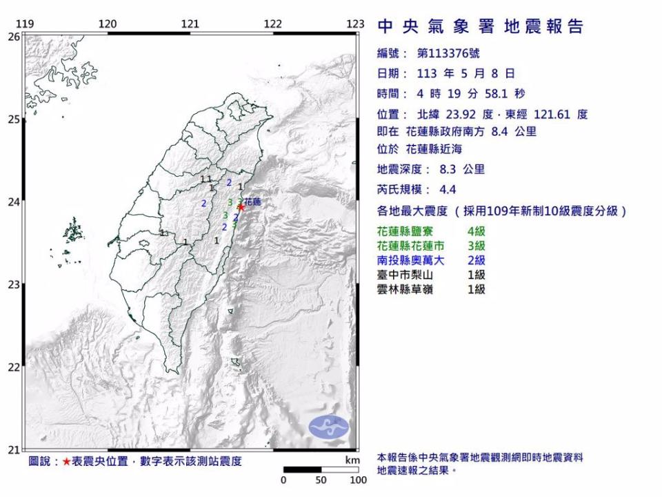 8日4時19分發生芮氏規模4.4地震。（圖取自氣象署網頁）